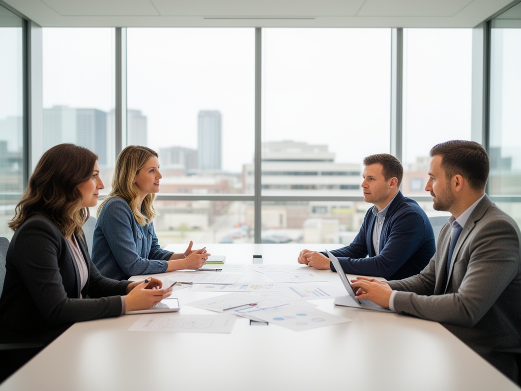 Команда из четырёх человек обсуждает контент-стратегию за большим столом в современном светлом офисе с панорамными окнами в Де-Мойне, Айова