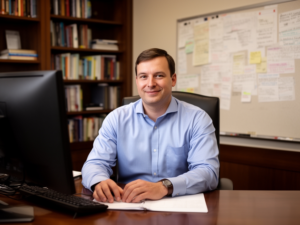 Основатель образовательной платформы за рабочим столом в уютном кабинете с книжными полками, доска с заметками на заднем плане, атмосфера профессионального офиса в Де-Мойне