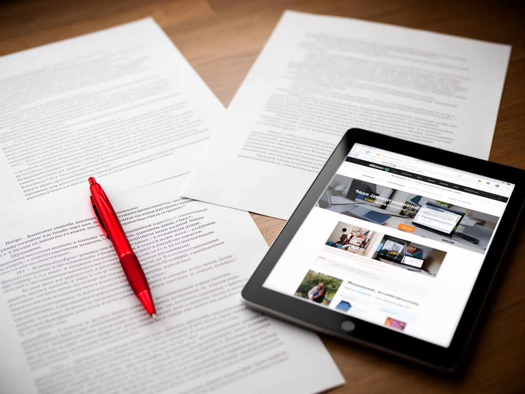 Стол с распечатанными текстовыми документами, красная ручка для редактуры и планшет с открытой страницей блога — редакционная работа с контентом