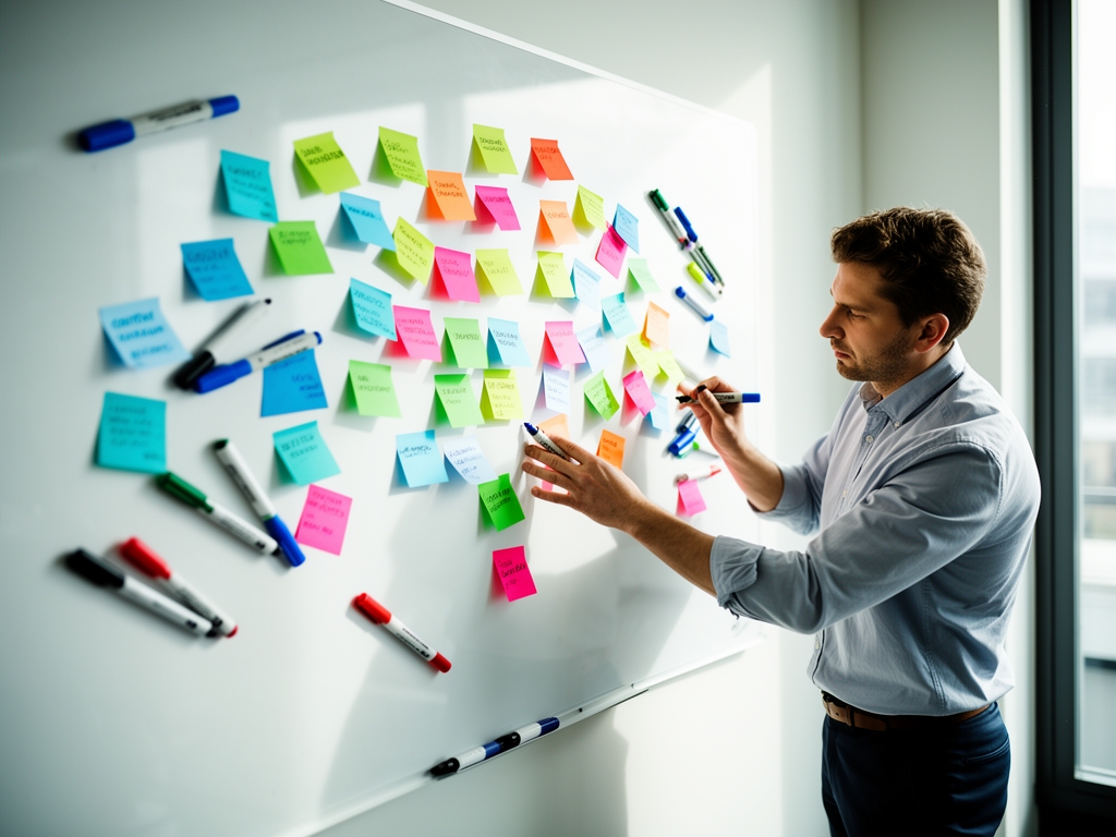 Маркетолог рисует схему контентной воронки на белой доске стикерами и маркерами, стратегическое планирование контента