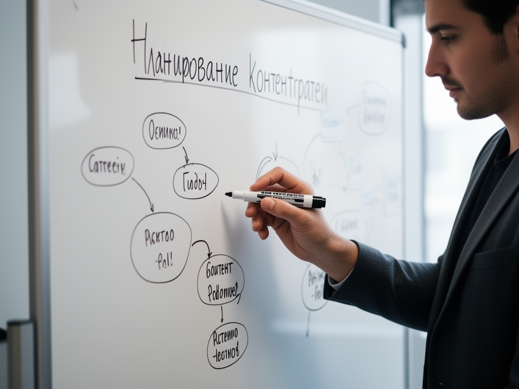 Доска с планом контент-стратегии, стикерами и маркерами, вокруг сидят коллеги на совещании — командное планирование редакционного контента