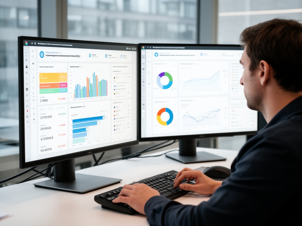 Экран монитора с аналитическими дашбордами, графиками трафика и данными показателей вовлечённости контента — рабочее место аналитика контента