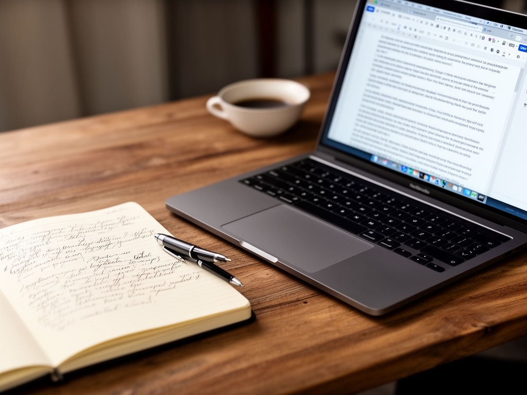 Открытый блокнот с рукописными заметками и ноутбук на деревянном рабочем столе — процесс написания маркетинговых текстов и копирайтинга