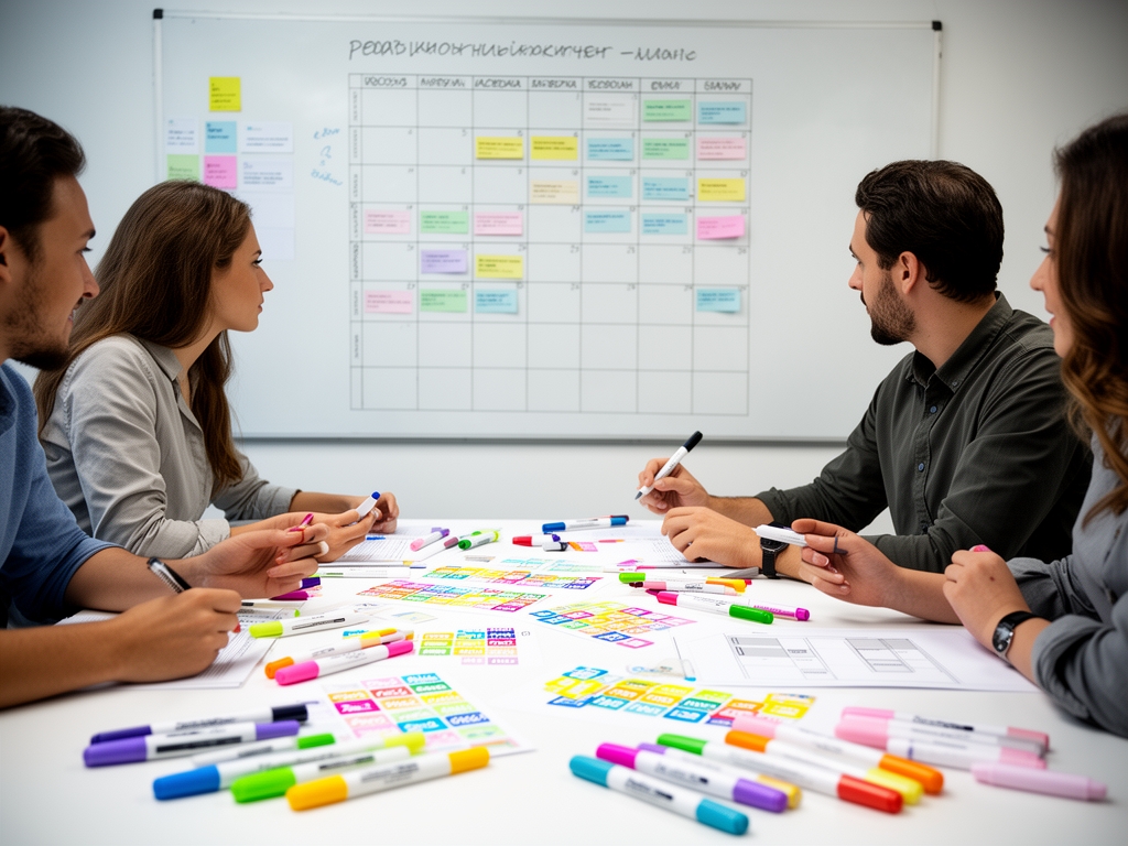Белая доска с контент-планом, стикерами и схемами планирования редакционного календаря на стратегической сессии команды маркетинга
