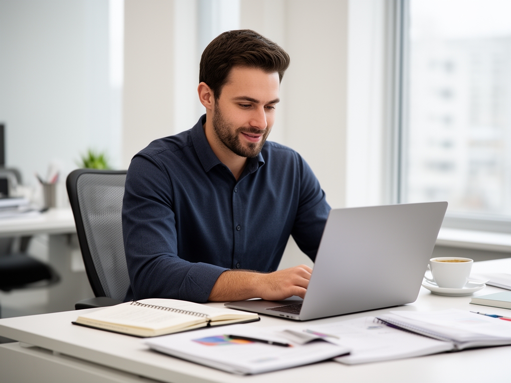 Профессиональный копирайтер за рабочим столом с ноутбуком, блокнотами и чашкой кофе в современном светлом офисе — рабочая обстановка контент-специалиста