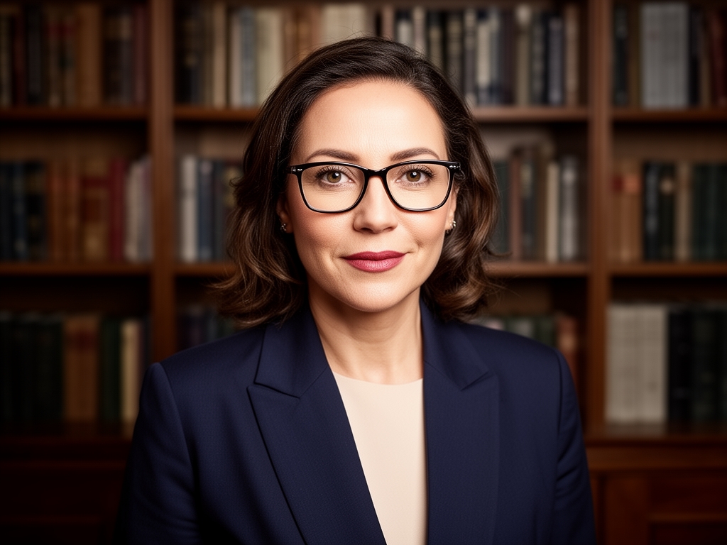 Профессиональный портрет женщины в очках и деловом жакете, интеллигентный вид, книжный фон кабинета