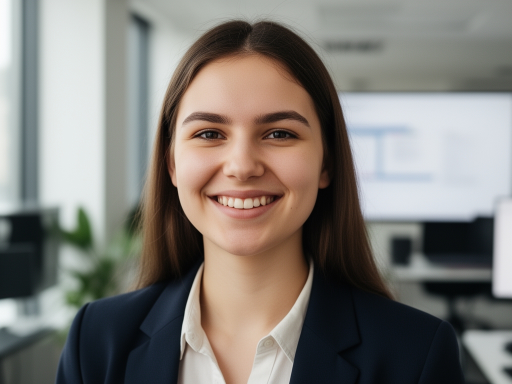 Анастасия Морозова — студентка курса по профессиональному копирайтингу Veltrionyx, молодая женщина улыбается в профессиональной обстановке