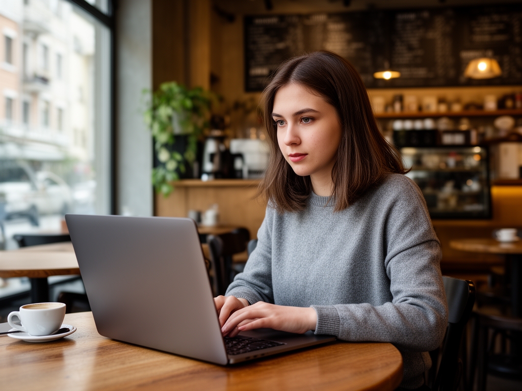 Виктория Соколова — студентка курса по SEO и написанию текстов Veltrionyx, молодая женщина с ноутбуком в уютном кафе