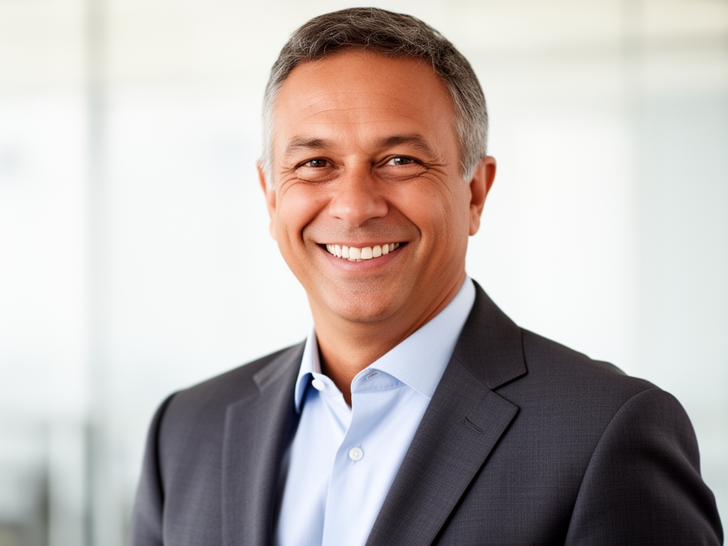 Портрет мужчины средних лет, приятная улыбка, светлый деловой фон