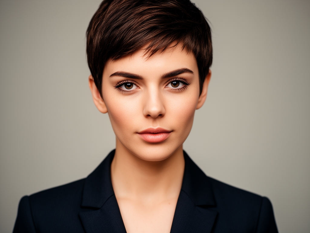 Портрет молодой женщины с короткой стрижкой, уверенный взгляд, нейтральный фон